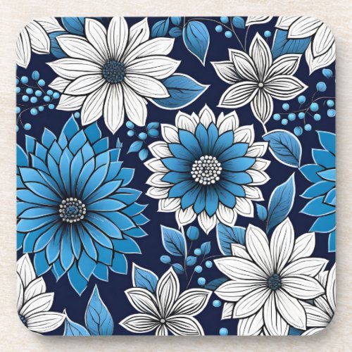 Beautiful Blue and White Floral Pattern Beverage Coaster