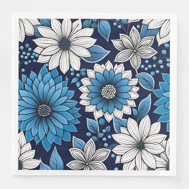 Beautiful Blue and White Floral Pattern Paper Dinner Napkins (Front)
