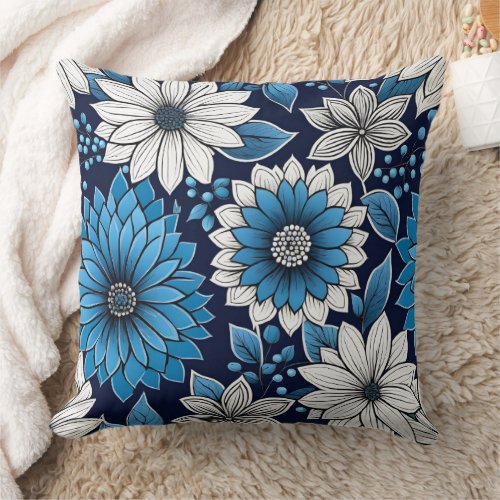 Beautiful Blue and White Floral Pattern Throw Pillow