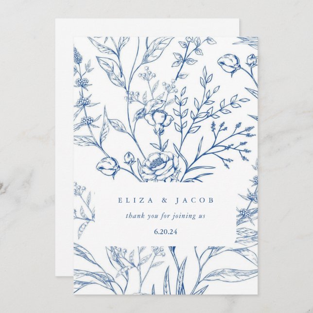 Beautiful Blue and White Floral Wedding Thank You Card (Front/Back)