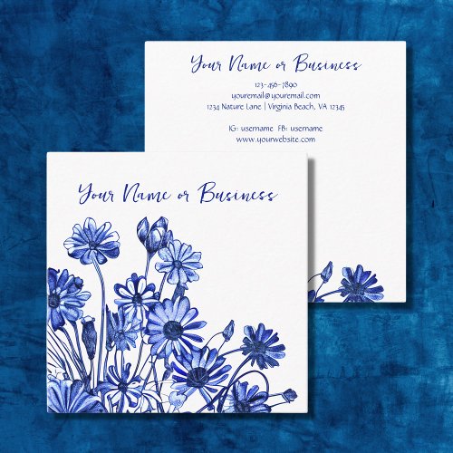 Beautiful Blue and White Flower Sketch Square Business Card