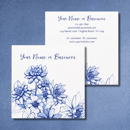 Beautiful Blue and White Flower Sketch Square Business Card