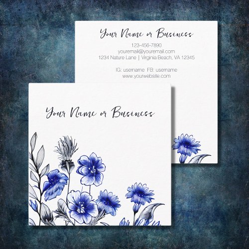 Beautiful Blue and White Flower Sketch Square Business Card