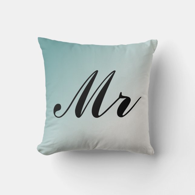 Beautiful Blue and White Gradient Mr and Mrs Throw Pillow (Front)