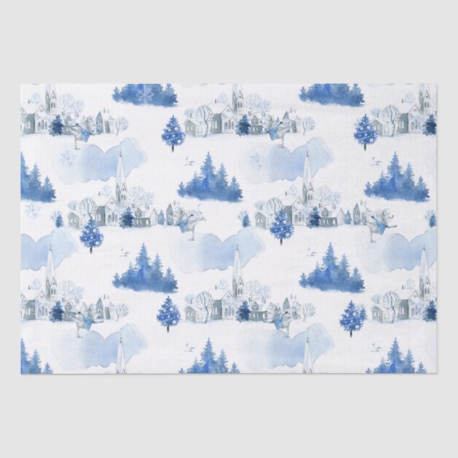 Beautiful Blue and White Mouse Village Holiday Tissue Paper (Front)