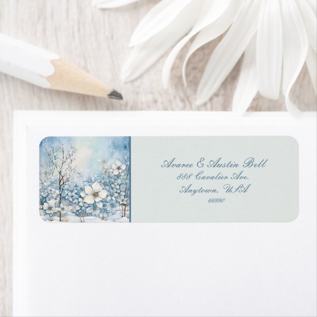 Beautiful Blue and White Winter Flowers Label (Insitu)