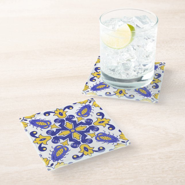 💙💛 Beautiful blue and yellow Azulejos  Glass Coaster (Angled)