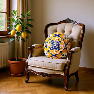 💛💙🤍 Beautiful blue and yellow Azulejos Round Pillow