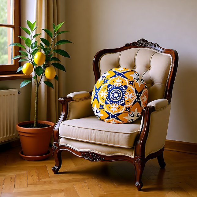 💛💙🤍 Beautiful blue and yellow Azulejos Round Pillow (Beautiful blue and yellow Azulejos Round Pillow)