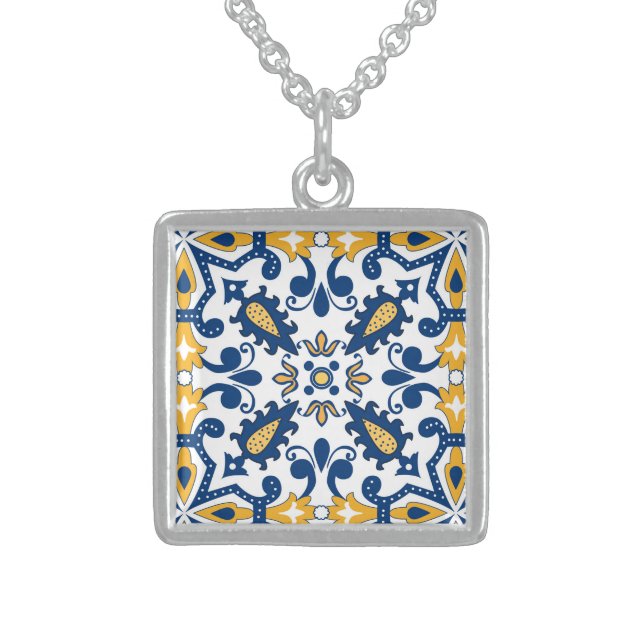 💙💛 Beautiful blue and yellow Azulejos,   Sterling Silver Necklace (Front)