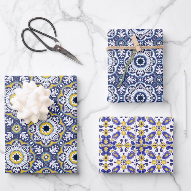💗 Beautiful blue and yellow Azulejos,  Wrapping Paper Sheets (Front)