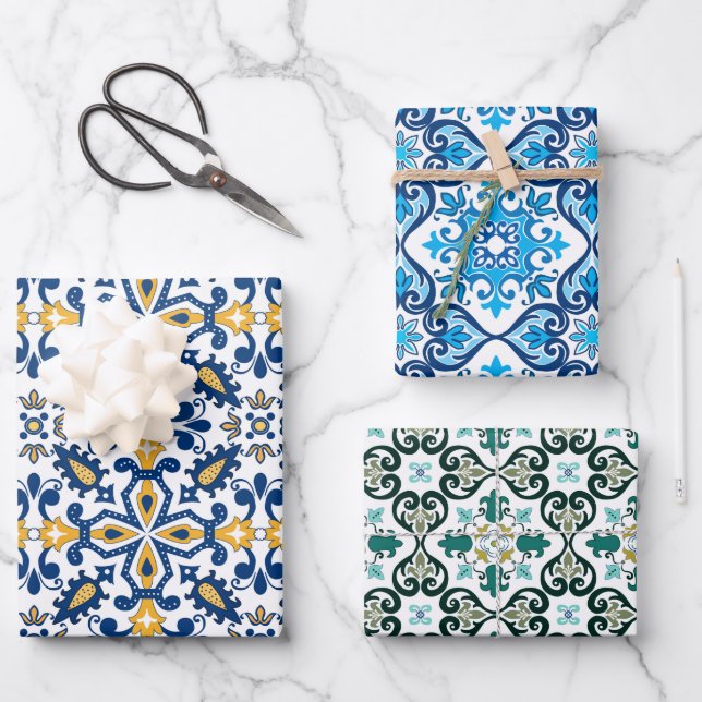 💙💛 Beautiful blue and yellow Azulejos,   Wrapping Paper Sheets (Front)