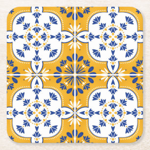 Beautiful Blue and yellow Portuguese Azulejo Square Paper Coaster