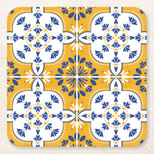 Beautiful Blue and yellow Portuguese Azulejo Square Paper Coaster