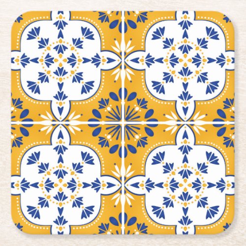 Beautiful Blue and yellow Portuguese Azulejo Square Paper Coaster