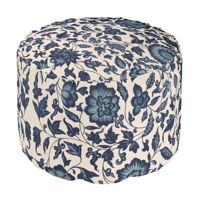 Beautiful Blue Asian Floral Pouf (Angled Front)