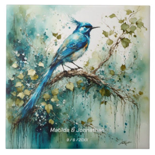 Beautiful Blue Bird. Names & Wedding Date editable Ceramic Tile