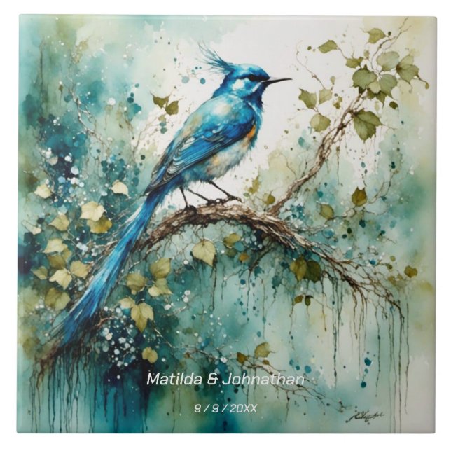 Beautiful Blue Bird. Names & Wedding Date editable Ceramic Tile (Front)