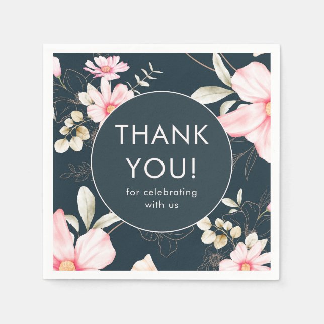 Beautiful Blue Blush Floral Thank You Wedding Napkins (Front)