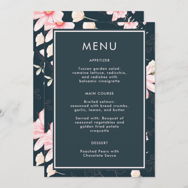 Beautiful Blue Blush Floral Wedding Menu (Front/Back)