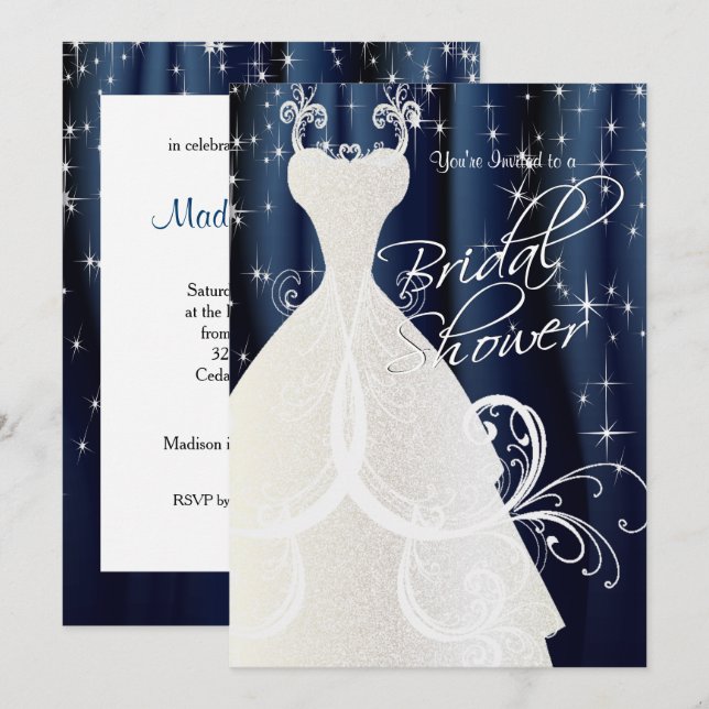Beautiful Blue Bridal Shower with Sparkling Stars Invitation (Front/Back)