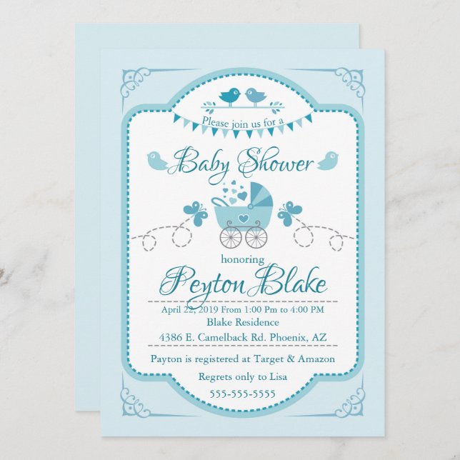 Beautiful Blue Buggy Baby Shower Invite (Front/Back)