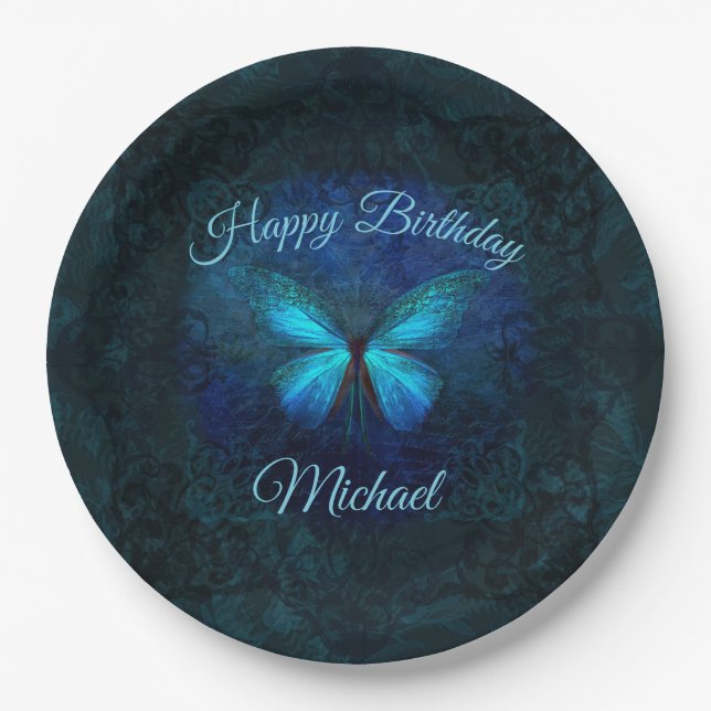 Beautiful Blue Butterfly Birthday Paper Plates (Front)