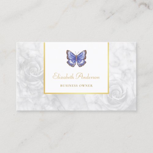 Beautiful Blue Butterfly Elegant Rose White Marble Business Card