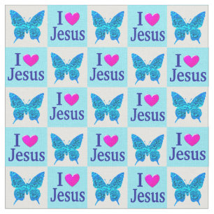 BEAUTIFUL BLUE BUTTERFLY I LOVE JESUS FABRIC