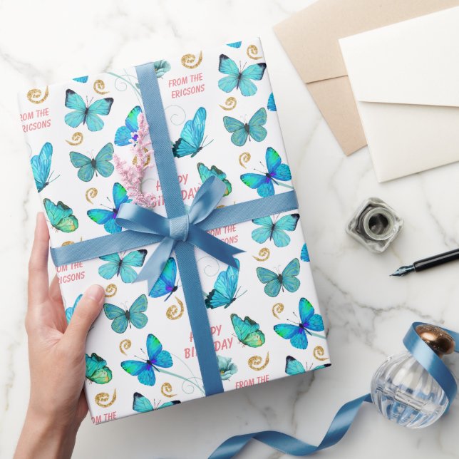 Beautiful Blue Butterfly Swirl Birthday Wrapping Paper (Gifting)