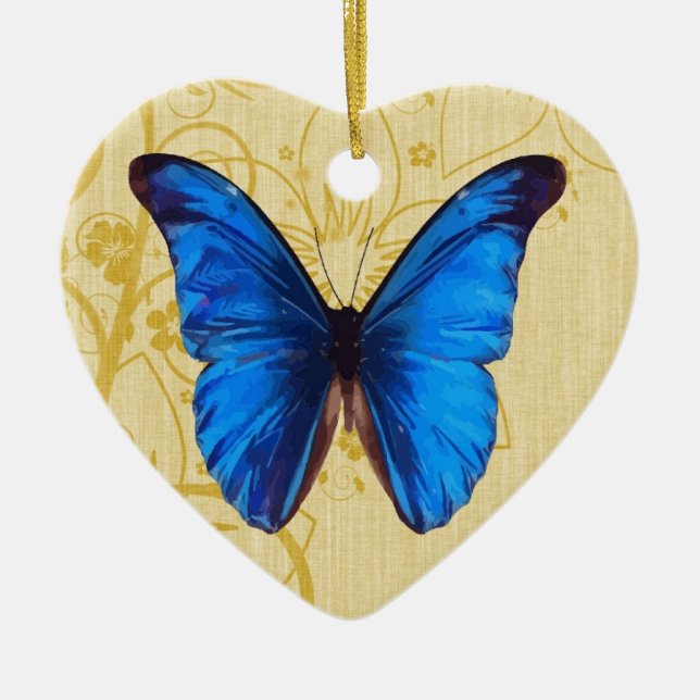 Beautiful Blue Butterfly Vintage art Ceramic Ornament (Front)
