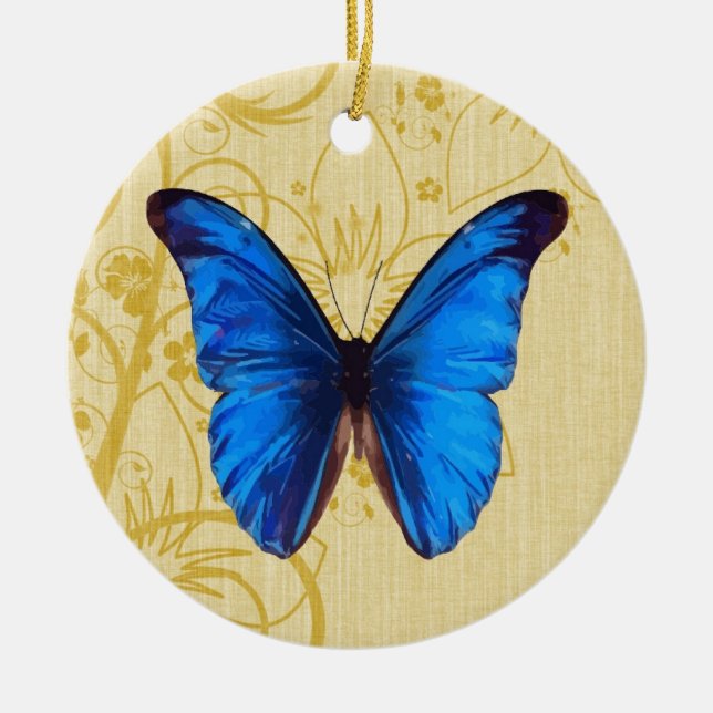 Beautiful Blue Butterfly Vintage art Ceramic Ornament (Front)