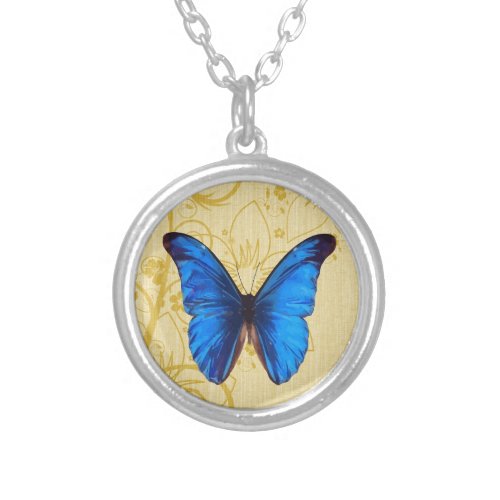 Beautiful Blue Butterfly Vintage art Silver Plated Necklace