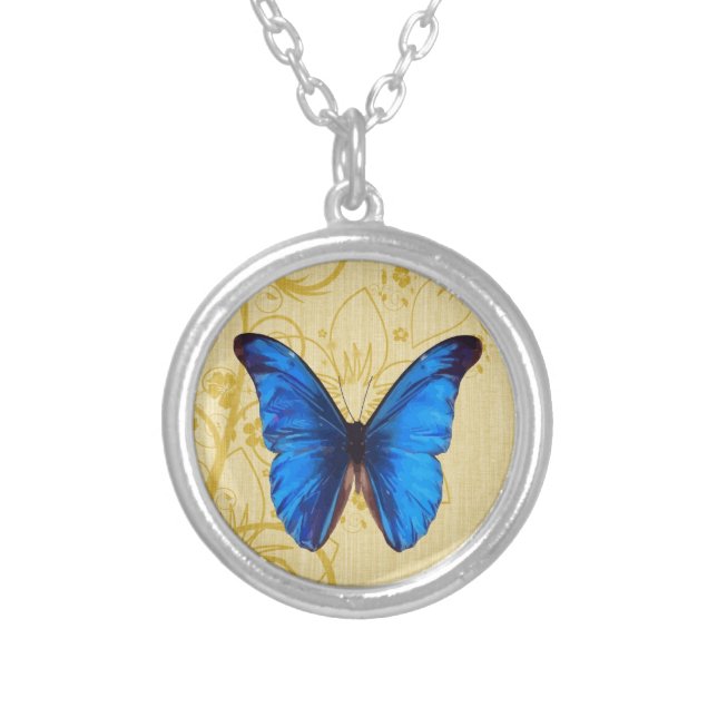 Beautiful Blue Butterfly Vintage art Silver Plated Necklace (Front)