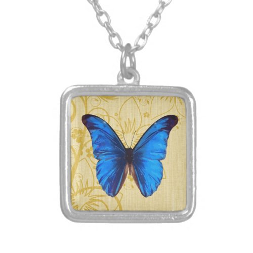 Beautiful Blue Butterfly Vintage art Silver Plated Necklace