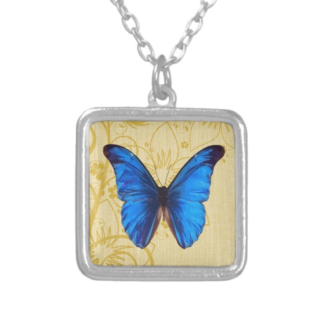 Beautiful Blue Butterfly Vintage art Silver Plated Necklace (Front)