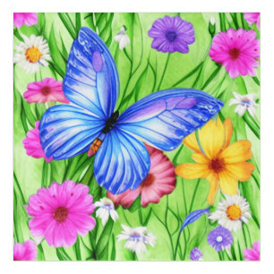 Beautiful Blue Butterfly with flowers Watercolor  Acrylic Print