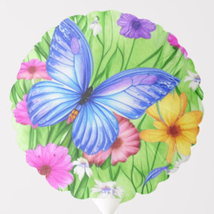 Beautiful Blue Butterfly with flowers Watercolor Balloon