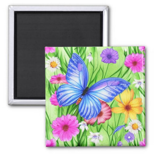 Beautiful Blue Butterfly with flowers Watercolor  Magnet