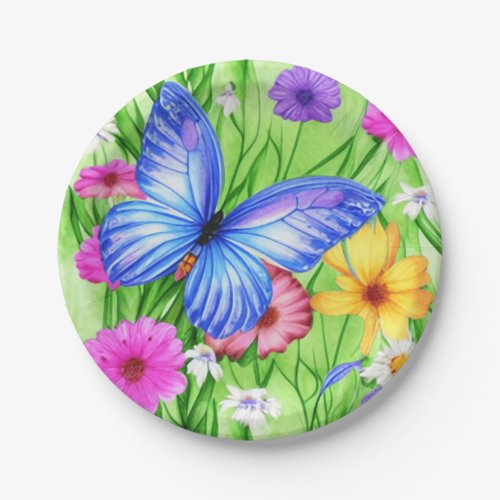 Beautiful Blue Butterfly with flowers Watercolor  Paper Plates
