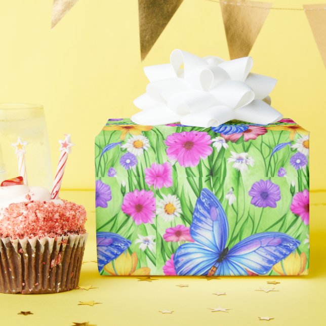 Beautiful Blue Butterfly with flowers Watercolor  Wrapping Paper (Birthday Party)
