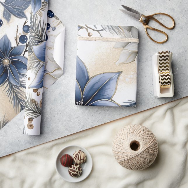 Beautiful Blue Christmas, Berries, Floral  Wrapping Paper (Crafts)