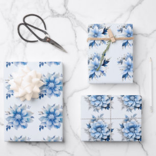 Beautiful Blue Christmas Flowers Wrapping Paper Sheets