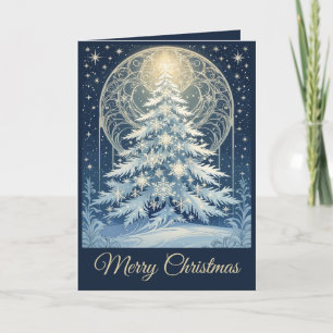 Beautiful Blue Christmas Yule Tree Snow And Stars Holiday Card