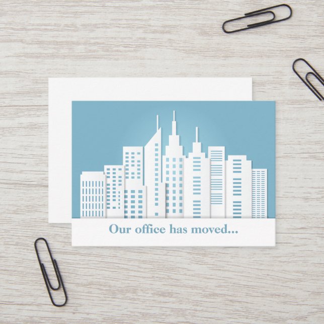 Beautiful Blue City Skyline Change of Address Business Card (Front/Back In Situ)