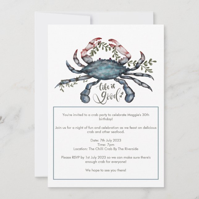 Beautiful Blue Crab Design Invitation (Front)