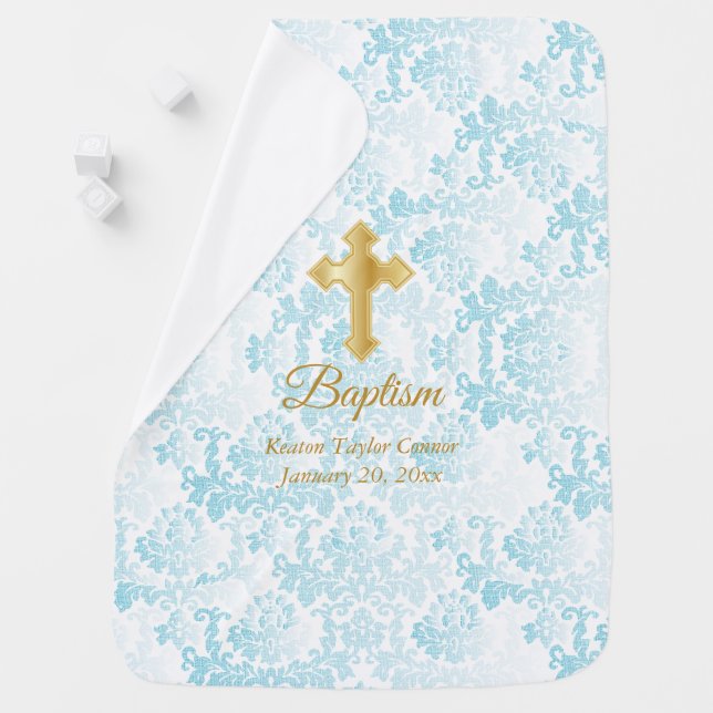 Beautiful Blue Damask Baptism Baby Blanket (In Situ)