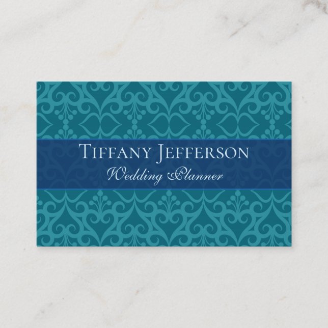 Beautiful Blue Damask Wedding Planner Business Card (Front)