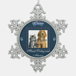 Beautiful Blue Dog or Cat Pet Memorial Tribute Snowflake Pewter Christmas Ornament