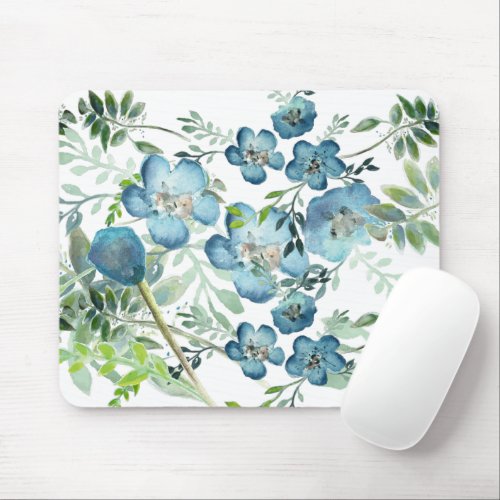 Beautiful Blue Elegant Watercolor Floral Greenery Mouse Pad